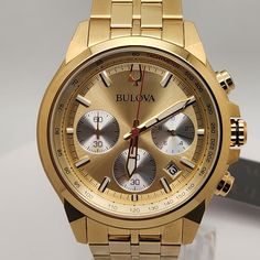 This Six-Hand Chronograph From The Bulova Men’s Classic Collection Is The Perfect Companion For The On-The-Go Lifestyle. The Faceted Gold-Tone Stainless Steel Case Features A Mix Of Brushed And Polished Finishes, With A Flat Mineral Crystal And 100m Water Resistance. The Luxurious Champagne Dial Features A Tachymeter Scale, Running Seconds Sub-Dial, And Silver-White Chronograph Sub-Dials To Track Elapsed Minutes And 1/20 Second Intervals. Polished Gold-Tone Hands And Markers With Luminescent Fil Gold Watch Accessories With Tachymeter For Gifts, Gold Chronograph Watch With Subdials For Business, Gold Chronograph Watch With Chronometer For Formal Occasions, Gold Chronograph Watch Accessories For Formal Events, Gold Chronograph Watch Accessories For Formal Occasions, Classic Chronograph Watch With Metal Dial For Business, Classic Chronograph Watch For Business With Metal Dial, Classic Gold Chronograph Watch For Formal Occasions, Yellow Gold Chronograph Watch Accessories For Business