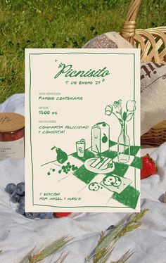 an advertisement on the back of a picnic basket with strawberries and other food items