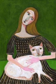 a painting of a woman holding a white cat in her arms and looking at the camera