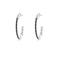 Featuring prong-set round enhanced black diamonds in a single line, these stylish hoop earrings are sure to level up your ear game. The twisted wire design lends a unique look to this silver pair. Wire Hoop Earrings, Diamond Jewelry Earrings, Black Diamond Earrings, Wire Design, Twisted Wire, Single Line, Black Diamonds, Black Diamond, Level Up