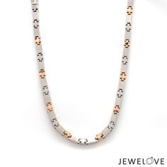 Platinum & Rose Gold Chain by Jewelove Metal : Platinum & 18k Rose Gold   Platinum Purity : 95%    Gold Purity : 18K Purity Mark : Pt 950 & 18K Width : 3.5mm   Length : 18/20/22/24/26/28 inches (Length can be custom made on order) Estimated Weight : 43.70 grams (for 22inches) ( Pt 37.67g+ Au 6.03g )  Certificate of Authenticity : Platinum Guild International This chain is not eligible for exchange or refund. Mens Chain, Platinum Chain, Diamond Necklace Designs, Platinum Rose Gold, Rose Gold Chain, Dainty Necklace, Chains For Men, Gold Platinum, 18k Rose Gold