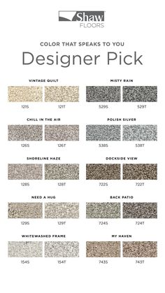 an advertisement for the shaw floors color that speaks to you designer pick, featuring different colors and