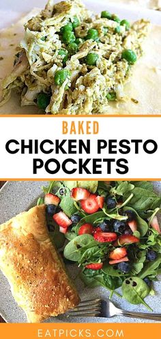 chicken pesto pockets with spinach and strawberries on the side