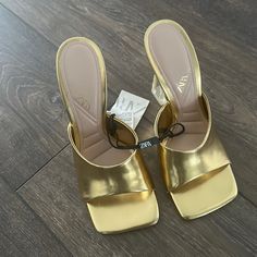 Nwt Zara Gold Sandals Size 7.5 Gold Block Heel Heels For Spring, Spring Gold Heels With Padded Heel, Gold Square Toe Sandals For Evening, Chic Gold Square Toe Sandals, Gold Square Toe Evening Sandals, Gold Closed Toe Heels For Spring, Gold Heels With Heel Strap And Square Toe, Gold Sandals With Padded Heel For Spring, Gold Square Toe Sandals For Party