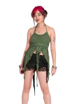 A cute little natural raggedy top to suit any faerie's wardrobe Ties at the back and neck to fit you perfectly. Raw edges for a natural look.  SIZE  ONE SIZE: Bust = 26-36" (66-91.5 cm) THIS LISTING IS FOR GREEN Also available in Black, Brown, Masala, Cream or Forest Code: RUGGED FAE TOP (ROKRUGFT) Summer Fairy Grunge Tops For Alternative Fashion, Fitted Fairy Grunge Top, Fitted Fairy Grunge Top For Alternative Fashion, Fitted Fairy Grunge Tops For Festivals, Fairy Grunge Fitted Summer Tops, Fairy Grunge Fitted Festival Tops, Fitted Green Top In Fairy Grunge Style, Fitted Fairy Grunge Green Top, Fitted Fairycore Tops For Festival