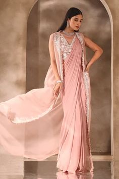 Shop for Seema Thukral Pink Pre-stitched Saree Jacket Set for Women Online at Aza Fashions Pink Pre-draped Saree With Unstitched Blouse, Festive Pink Semi-stitched Pre-draped Saree, Festive Semi-stitched Pink Pre-draped Saree, Pink Semi-stitched Pre-draped Saree, Seema Thukral, Pink Semi-stitched Bollywood Pre-draped Saree, Georgette Jacket, Saree Jacket, Saree Jackets