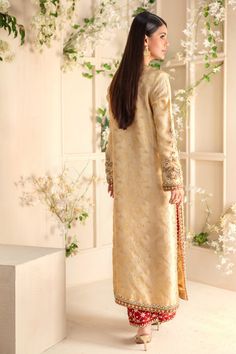 Zargul | Pakistani Designer Outfit | Sarosh Salman Straight Tissue Silk Kurta For Reception, Tissue Silk Straight Kurta For Reception, Festive Kurta With Resham Embroidery On Tissue Silk, Traditional Wear Tissue Silk Straight Kurta For Reception, Tissue Silk Traditional Wear With Straight Kurta For Reception, Reception Traditional Wear In Tissue Silk With Straight Kurta, Festive Cotton Silk Sherwani With Embroidery, Cotton Silk Traditional Wear With Dabka Work For Reception, Chanderi Long Sleeve Sherwani For Reception