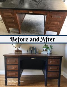 before and after photos of an old desk with new paint, wood grained finish