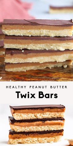 healthy peanut butter twix bars stacked on top of each other with text overlay