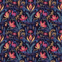 an abstract floral pattern with blue, red and yellow colors