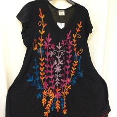 Beach ,Boho Summer Dress ,Free Size Nwt Spring V-neck Dress With Multicolor Embroidery, Casual Multicolor Embroidered V-neck Dress, Summer V-neck Dress With Embroidered Hem, Black V-neck Boho Dress For Spring, Embroidered Short Sleeve Dresses For Summer, Black Floral Embroidered Summer Dress, Black Cotton Free Size Dress, Black Free Size Cotton Dress, Embroidered Black Summer Dress