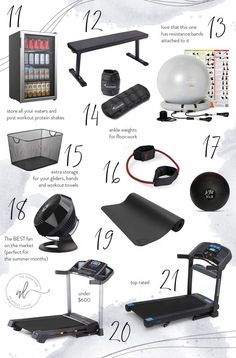 an info sheet with many different items and numbers on it, including treadmills