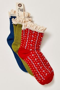 So perfect pair of socks featured in a waffle knit fabrication and crew-style with feminine floral detailing, dainty ruffled trim, and a seamed heel and toe. * Pack of 3 pairs | Ruffle Sock Pack by Free People in Red Ruffle Sock, Vintage Socks, Ruffled Socks, Funky Socks, Sock Packs, Cute Socks, Wool Socks, Quirky Gifts, Cool Socks