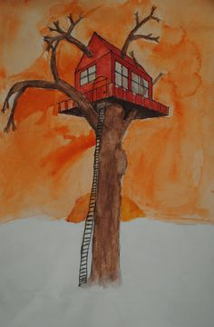 a drawing of a tree house on top of a tree with a ladder up to it