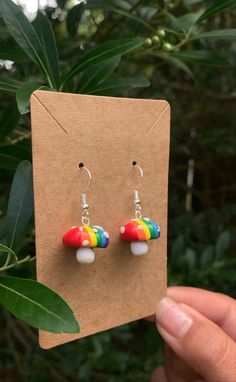 Adjustable Rainbow Earrings As Gift, Unique Rainbow Earrings, Fun Rainbow Colored Earrings As Gift, Fun Mushroom Design Jewelry For Gifts, Fun Mushroom Design Jewelry Gift, Cute Rainbow Dangle Earrings, Playful Rainbow Earrings With Ear Wire, Handmade Multicolor Novelty Earrings, Rainbow Polymer Clay Jewelry For Gifts