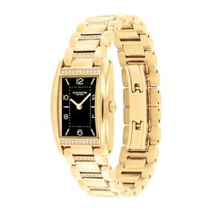 A distinctive and stately design, the minimalist ladies' Reese watch is an elevated choice for day or evening wear. Black satin dial with gold-toned numerical and stick markers 24.0mm rectangular gold-toned ion-plated stainless steel case with mineral crystal Japanese quartz movement Crystal-detailed gold-toned stainless steel link bracelet; deployment clasp Water-resistant to 30 meters We are an authorized Coach dealer Gold Watches With Diamond Hour Markers For Everyday Luxury, Classic Watches With Gold-tone Hardware And Rectangular Dial, Modern Formal Watches With Gold-tone Hardware, Timeless Gold Diamond Watch For Everyday Luxury, Evening Analog Watch With Rectangular Dial, Timeless Gold Diamond Watch For Business, Black Diamond Watch With Rectangular Dial For Evening, Timeless Yellow Gold Watches With Gold-tone Hardware, Classic Yellow Gold Watch With Gold-tone Hardware