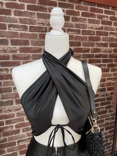 Adorable satin halter top with tie detail 92% Polyester, 8% Spandex Contrast Halter Top Shirts, Tie Halter Top, Halter Top Dress, Scarf Dress, Medium Brown, Top Dress, Large White, Large Black, Halter Top