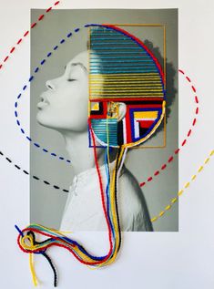 a woman's head is surrounded by colorful thread