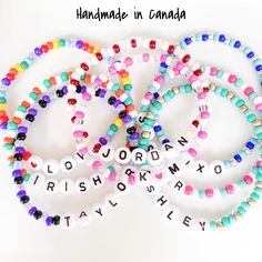 Make your own fun and colourful custom friendship bracelet! Perfect for stacking or layering with other bracelets. These also make a great gift for a best friend, bridesmaids, mom, or your kiddos! Bracelet features 4mm glass seed beads and acrylic white letter beads strung on stretchy elastic cord. Choose from many different colours or create your own custom bracelet (see different pattern ideas in photos.) You can also customize the bracelet with coloured hearts. (See options in photos.) This i Trendy Customizable Friendship Bracelets With Round Beads, Playful Name Bracelet With Round Beads For Friendship, Personalized Colorful Beaded Bracelets For Gifts, Trendy Customized Friendship Bracelets With Round Beads, Colorful Letter Beads Friendship Bracelets, White Letter Beads Bracelets For Crafting, Personalized Colorful Bracelet Jewelry, Colorful Personalized Bracelet Jewelry, Trendy Personalized Colorful Friendship Bracelets