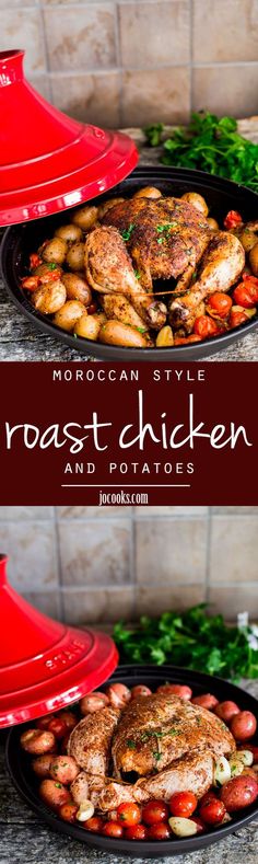 two plates with chicken, potatoes and tomatoes on them next to a red roasting pan