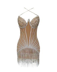 a women's bodysuit with beading and fringes