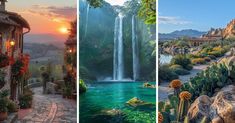 three different views of the same building and water fall at sunset, with trees in front of them