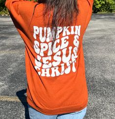 Introducing the coziest new addition to your fall wardrobe 🍂✨ This sweatshirt is giving ALL the trendy, 'pumpkin spice & Jesus Christ' vibes! Perfect for staying comfy and cute for Sunday church or sipping that PSL. Layer it with faith and fall feels 🍁🙏 #FallFashion #PumpkinSpiceAndJesusChrist #SundayStyle #CozyWithChrist Fall Loungewear T-shirt, Fall Loungewear Sweatshirt, Fall Letter Print T-shirt For Loungewear, Cozy Fit Fall Sweatshirt, Fall Letter Print Top For Loungewear, Cozy Letter Print Tops For Fall, Letter Print Lounge Tops For Fall, Letter Print Top For Fall Loungewear, Trendy Soft-washed Sweatshirt For Fall