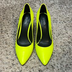 Brand New Neon Yellow Color Yellow Closed Toe Heels With Padded Heel, Yellow High Heels With Branded Heel Counter, Yellow Closed Toe Heels In Synthetic Material, Yellow Synthetic Heels With 4-inch Heel, Yellow 4-inch Heel Synthetic Heels, Yellow Synthetic Closed Toe Heels, Yellow Synthetic Closed-toe Heels, Bold Yellow High Heel Shoes, Yellow Pointed Toe Synthetic Heels