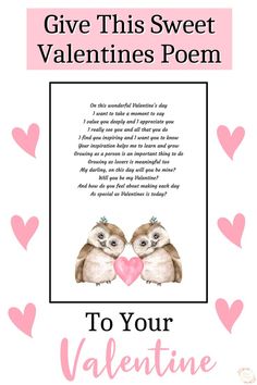 This pin is of a Valentines Day poem written by Becky from Khaim Designs. It is a digital download printable file and you can give it as wall art or a Valentines card. It has 2 cute watercolour owls next to each other with a sweet pink heart in between them Valentines Presents, Sweet Valentine