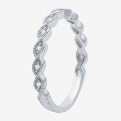 Featuring a unique braided design, this stackable wedding band is a beautiful option for a great value. It's adorned with round-cut Lab-Grown Diamonds in a pav� Sterling Silver setting. Ring Style: Wedding Bands, Bands, Vintage Rings, Stackable RingsFeatures: StackableDiamond Clarity: I1Setting: PaveStone Cut: RoundDiamond Color: H-IMetal Color: WhiteRounded Carat Weight: 1/10 Ct. T.w.Care: Wipe CleanStone Type: 11 Lab Grown DiamondAuthenticity: Lab Grown DiamondMetal: Sterling SilverCountry of Anniversary Stackable Rings With Decorative Band, Stackable White Gold Bands For Anniversary, White Gold Diamond Ring With Decorative Band For Promise, Decorative Round Band Stackable Rings For Anniversary, Promise Diamond Ring With Decorative Band, Diamond Promise Ring With Decorative Band, Round Diamond Promise Ring With Decorative Band, Stackable White Gold Round Cut Bands, Formal Adjustable Stackable Rings With Diamond Accents