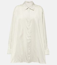 Luka oversized pinstripe silk shirt in white - The Row | Mytheresa Glamorous Party, Color Name, Cotton Poplin Shirt, Poplin Shirt, Silk Shirt, Oversized Shirt, Grey Stripes, Long Tops, The Row