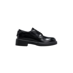 Prada derby loafers in calf leather 2.00 in / 50 mm flatform heel Almond toe Lace-up vamp Logo triangle at back  Leather/rubber outsole Made in Italy Classic Formal Platform Loafers With Contrast Sole, Classic Platform Loafers With Contrast Sole For Office, Classic Calf Leather Oxfords With Lug Sole, Low-top Calf Leather Oxfords For Work, Modern Formal Platform Loafers With Contrast Sole, Luxury Loafers With Contrast Sole For Work, Designer Oxfords With Rubber Sole For Work, Formal Platform Loafers With Contrast Sole And Round Toe, Formal Platform Loafers With Contrast Sole