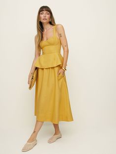 One and done. Shop the Misty Linen Two Piece from Reformation, a two-piece set with a midi-length skirt and matching sleeveless top with a peplum hem. Linen Two Piece Set, One And Done, Time Clothes, Bridesmaid Inspiration, Work Wear Outfits, Swimwear Dress, Denim Trends, Vintage Inspired Dresses, Midi Length Skirts