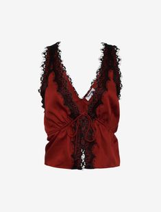 The art of contrast. This feminine tank features a crimson tencel base and a stunning black lace trim. Devyn Crimson Outfits, Edgy Work Outfits, Wine Outfit, Blusas Top, Red Lace Top, Womens Lace Tops, Black Lace Trim, Looks Party, Red Embroidery