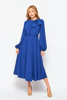 Fitted Blue A-line Long Sleeve Dress, Blue Midi Length Long Sleeve Party Dress, Blue Midi Long Sleeve Party Dress, Blue Solid Color Evening Midi Dress, Elegant Fitted Blue Long Sleeve Dress, Blue Knee-length Long Sleeve Party Dress, Elegant Royal Blue Midi Dress For Spring, Chic Blue Long Sleeve Formal Dress, Royal Blue Long Sleeve Formal Midi Dress