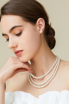 This sumptuous piece of jewelry features a retro-elegant yet slightly modern style that complements the lavish garments, reminiscent of the roaring 1920s. Features: Lustrous imitation pearls Three strand design 16.9 inch / 43cm, 18.1 inch / 46cm, 19.7 inch / 50cm long 6mm, 8mm, 10mm pearls Roaring 1920s, Multi Strand Pearl Necklace, Multi Strand, Pearl Necklace, Beauty