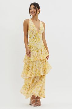 Shop the Veda Strappy Back Ruffle Midi Dress Floral Yellow | Selfie Leslie Midi Dress Floral, Yellow Floral Dress, Layered Dress, Ruffle Midi Dress, Dress Floral, Floral Midi Dress, Yellow Floral, Yellow Dress, Guest Dresses