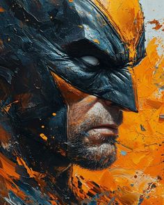 a painting of the batman with yellow paint splattered on it's face