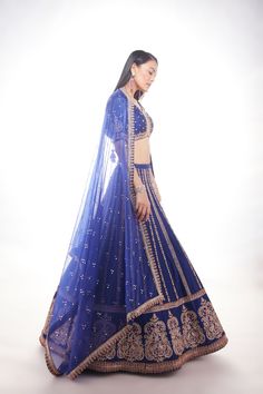 Blue silk lehenga with intricate motifs at the base and delicate lines of zardozi paired with matching blouse and net dupatta with thick main border and thinner borders on 3 sidesFrom Chamee and Palak 's The Wedding Edit collectionDELIVERY TIMEPlease allow 8-12 weeks for your outfit to arrive.FABRIC DETAILSSilk And NetProfessional cleaning only. Blue Silk Lehenga, Wedding Edit, Classic Blouses, Embroidered Lehenga, Silk Lehenga, Gold Silk, Net Dupatta, Silk Skirt, Blue Silk