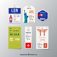 travel luggage tags with the statue of liberty, new york, and london on them