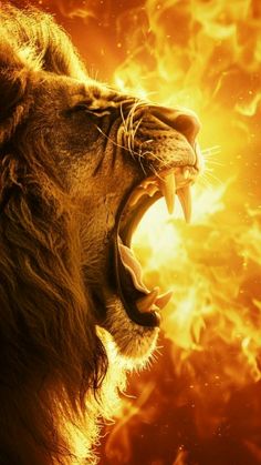 a close up of a lion roaring with its mouth open and fire in the background