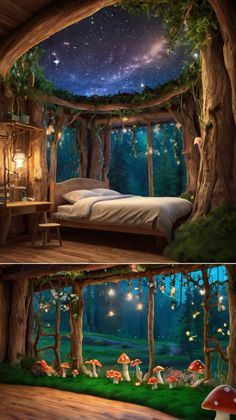 the inside of a bedroom with mushrooms and trees