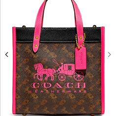 Coach "Field" Tote Bag In Horse And Carriage Monogram Coated Canvas And Polished Pebbled Leather Flat Top Handles With Embossed Logo Tag, 4" Drop Detachable, Adjustable Web Shoulder Strap, 24.5" Drop Open Top With Snap Closure Interior, One Zip Pocket Fabric Lining Feet Protect Bottom Of Bag Approx. 8-3/4"W X 8-1/4"H X 4-3/4"D Leather Method Dry Cleaning Imported Includes Dust Bag Comes With Tagged That Have Been Removed. Pink Monogram Canvas Shoulder Bag For Shopping, Luxury Pink Coated Canvas Bag, Pink Monogram Canvas Shoulder Bag For Travel, Designer Pink Coated Canvas Bag, Pink Monogram Canvas Shoulder Bag For Daily Use, Designer Pink Coated Canvas Shoulder Bag, Pink Designer Coated Canvas Shoulder Bag, Pink Monogram Canvas Rectangular Shoulder Bag, Pink Rectangular Monogram Canvas Shoulder Bag