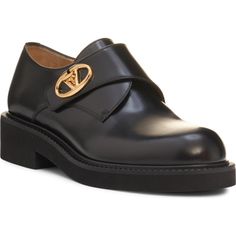 "Find VALENTINO Vlogo Locker Monk Shoe on Editorialist. New VLOGO Locker iconography adds functional flair as the monk-strap closure on this calfskin-leather shoe set on a comfortable and grippy rubber-crepe sole. 1 1/2\" (38mm) heel Monk strap with turnlock closure Leather upper and lining/rubber sole Made in Italy Designer Shoes" Luxury Leather Sole Monk Strap Shoes, Luxury Monk Strap Slip-on Shoes With Removable Insole, Luxury Low-top Monk Strap Shoes With Leather Sole, Luxury Black Monk Strap Shoes With Buckle Closure, Luxury Semi-formal Monk Strap Shoes With Leather Sole, Valentino Garavani Sneakers, Round Toe Sneakers, Brown Flats, Mary Jane Flats