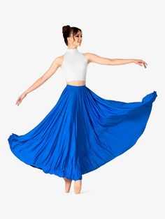 Natalie's Lyrical Flow Collection was designed to exhibit refined grace and visual elegance on stage. Choose your favorites and mix-and-match for the ultimate performance collection. Elongate your lines with this elegant skirt that features a stretchy waistband, a long length, a straight hem, and beautiful flowing fabric. Blue Stretch Skirt With Wide Waistband, Fitted Blue Skirt With Wide Waistband, Long Lined Skirt With 4-way Stretch, Full Length Skirt For Dance, Lined Long Skirt With 4-way Stretch, Flowy Long Skirt For Dance, Maxi Stretch Skirt For Dance, Stretch Long Skirt For Dance, Spring Long Skirt For Dance