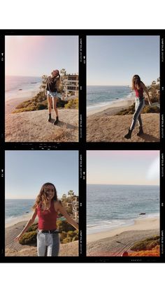 four different pictures of a woman on the beach