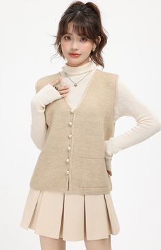 Beige Knitted V-Neck Cardigan Vest Beige S Fashion Chingu, Types Of Coats, Vest Pattern, Beige Cardigan, Cardigan Vest, Vest Fashion, Vest Outfits, V Neck Cardigan, Knit Vest