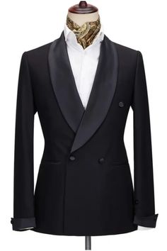 Abraham Formal Black Shawl Lapel Men Suits For Wedding Luxury Black Tuxedo With Double Button Closure, Double-breasted Wedding Tuxedo In Suiting Fabric, Black Double-breasted Suit For Formal Occasions, Double-breasted Wedding Tuxedo, Double-breasted Suiting Fabric Tuxedo For Wedding, Formal Tuxedo With Double Button Closure, Elegant Double-breasted Tuxedo In Suiting Fabric, Elegant Double-breasted Suit With Single Button, Luxury Black Shawl Collar Blazer