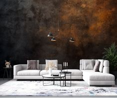 a living room scene with focus on the couch and coffee table in front of it