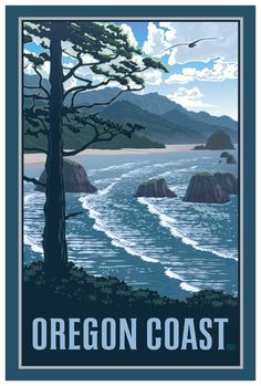 the oregon coast is shown in this poster